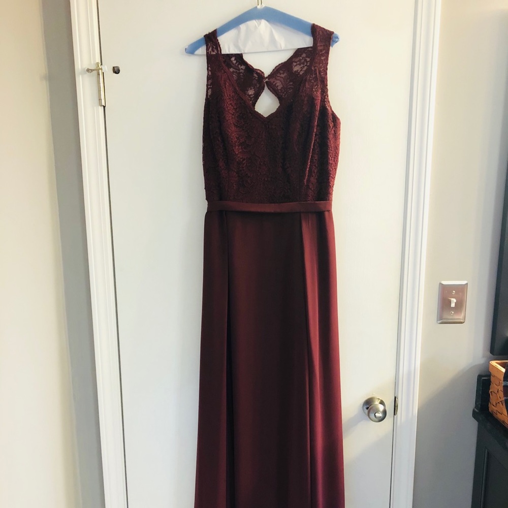 Beautiful burgundy Belsoie wedding party dresses.